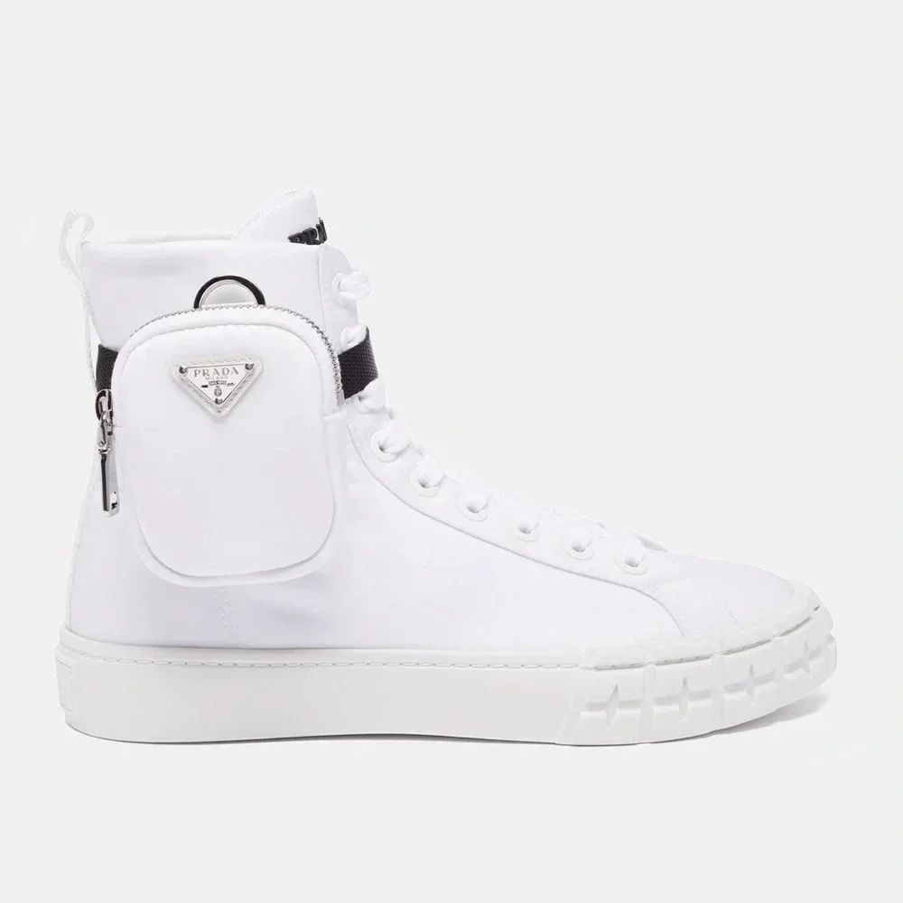 Authentic Prada Wheel Zipped-Pouch High Top Re-Nylon Trainers in White